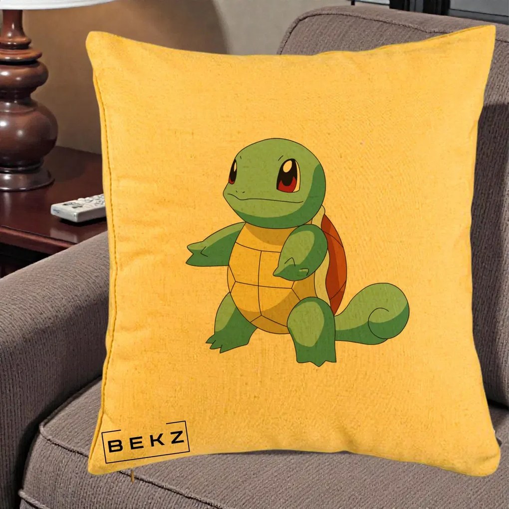 Perna Personalizata Squirtle Pokemon, 40x40 cm, Galben, Husa Detasabila, Perna Inclusa, BEKZ®