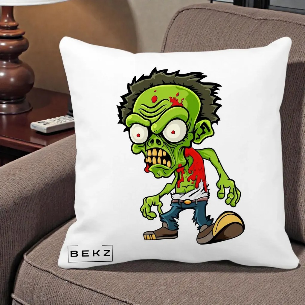 Perna Decorativa Zombie Halloween, 40x40 cm, Alba Mata, Husa Detasabila, Perna Inclusa, BEKZ®