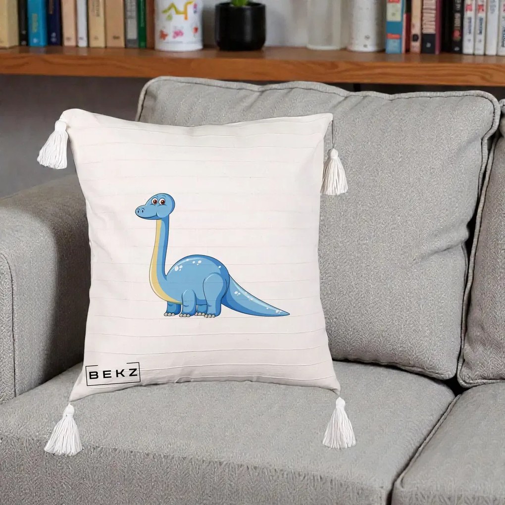 Perna Personalizata Brontosaur Albastru, 40x40 cm, Bej cu Franjuri, Husa Detasabila, Perna Inclusa, BEKZ®