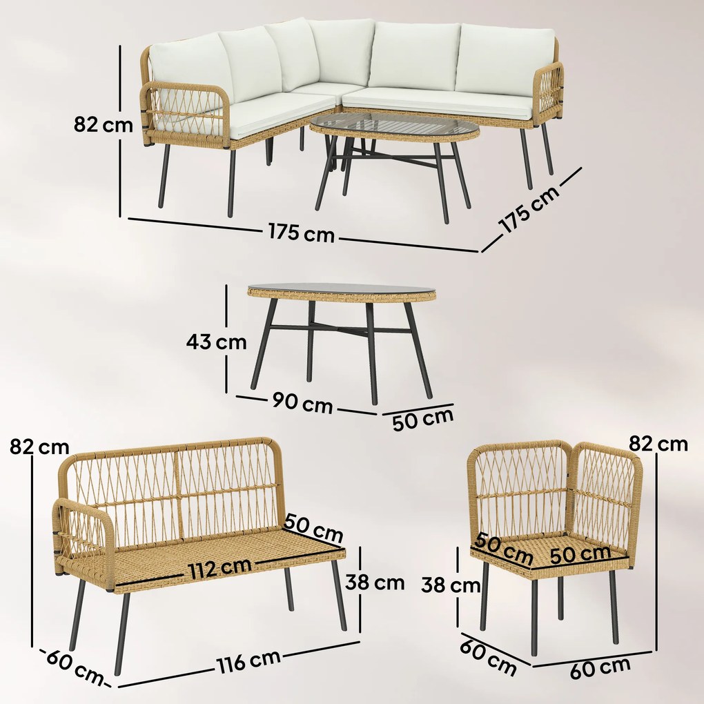 Outsunny Set Mobilier Grădină din Ratan, 4 Piese în Formă de L, cu 2 Canapele, Colțar, Măsuță de Cafea și Perne, Cadru din Oțel, pentru Balcon sau Terasă, Natural/Crem | Aosom Romania