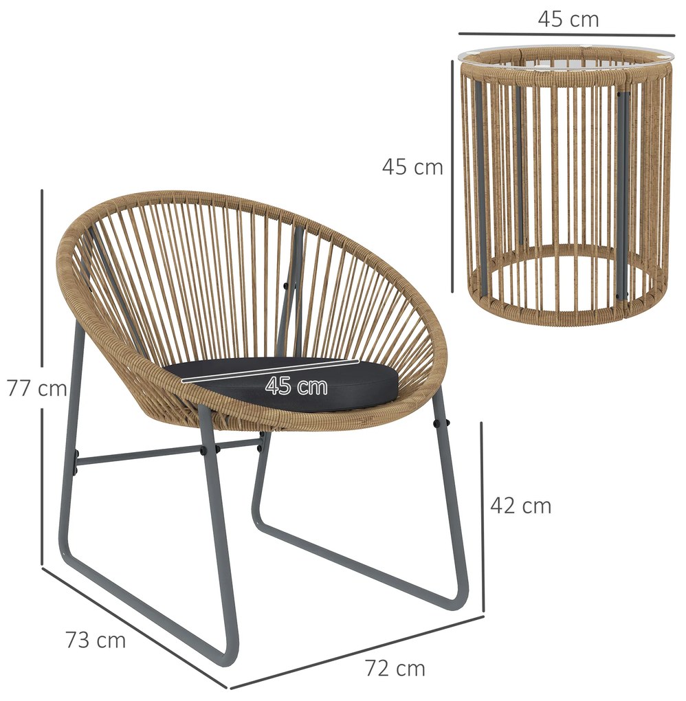 Outsunny Set Mobilier din 3 Piese din Ratan pentru Grădină cu Scaune și Măsuță de Cafea, 72x73x77 cm, Natural | Aosom Romania