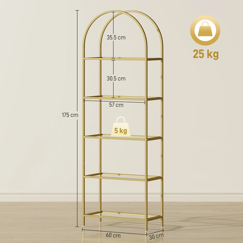 HOMCOM Raft de Depozitare Arcuit cu 5 Nivele din Oțel și Sticlă Securizată, 60x30x175 cm, Auriu | Aosom Romania