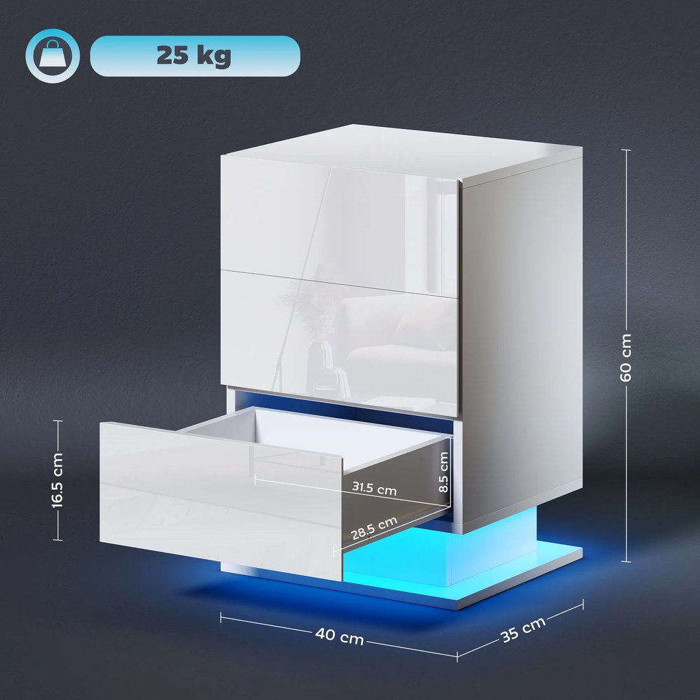 HOMCOM Noptieră cu Lumini LED Reglabile, 3 Sertare și Telecomandă, 40x35x60 cm, Alb | Aosom Romania
