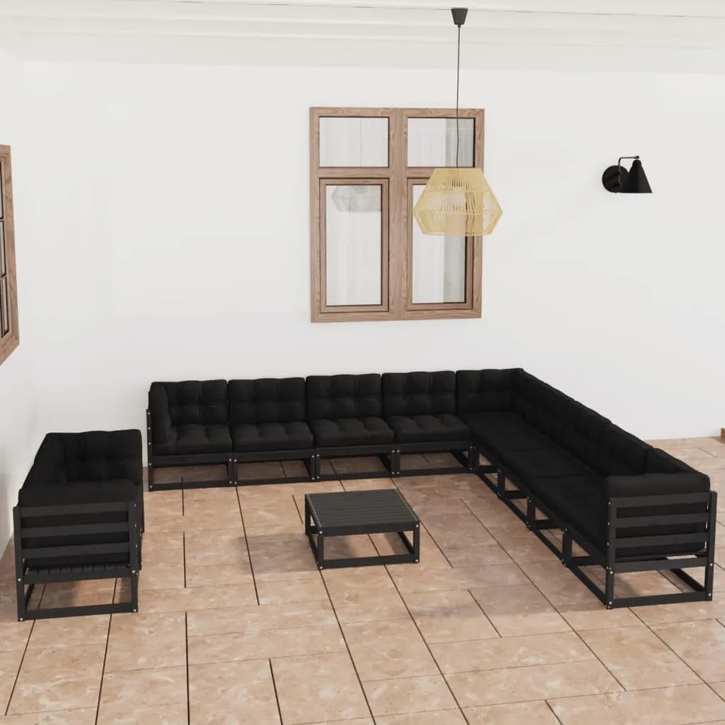 vidaXL Set mobilier de grădină cu perne12 piese, negru, lemn masiv pin