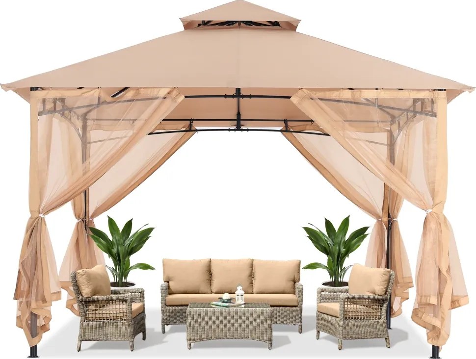ABCCANOPY Foișor de gradina 3.3x3.3 m - Foișor exterior cu cadru din oțel și plasă de țânțari pentru gazon, curte, grădină, terasă, Kaki