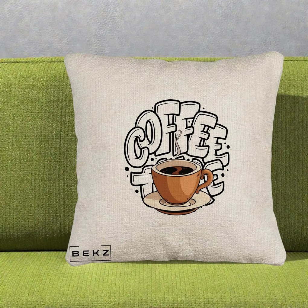 Perna Personalizata COFFEE cu Cana, 40x40 cm, Bej Canapea, Husa Detasabila, Perna Inclusa, BEKZ®