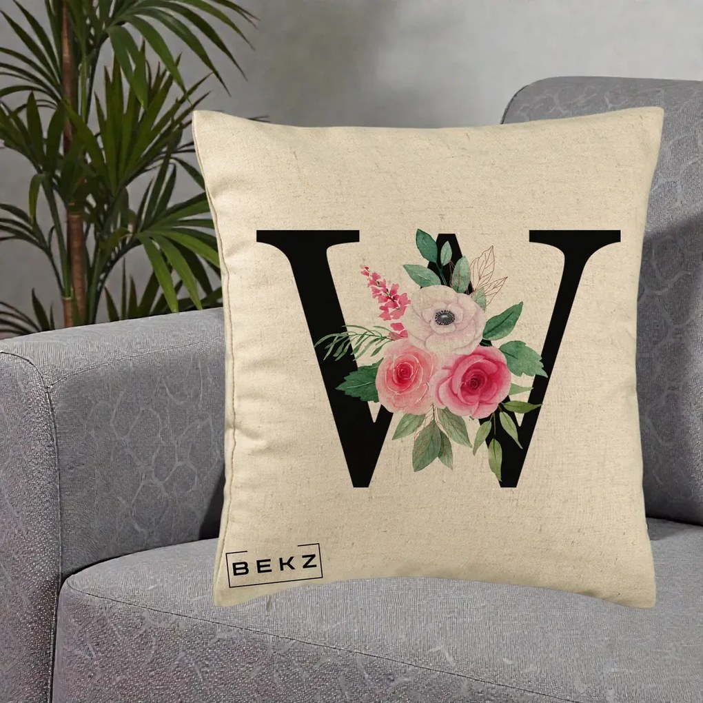 Cadou Personalizat - Perna Personalizata Monograma Florala Litera W cu Trandafiri si Anemona, 40x40 cm, Bej, Husa Detasabila, Perna Inclusa, BEKZ®
