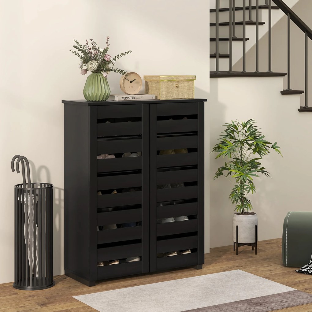 HOMCOM Pantofar cu 5 niveluri, 4 rafturi reglabile și uși cu lamele, din PAL, 76x33x98 cm, negru | Aosom Romania