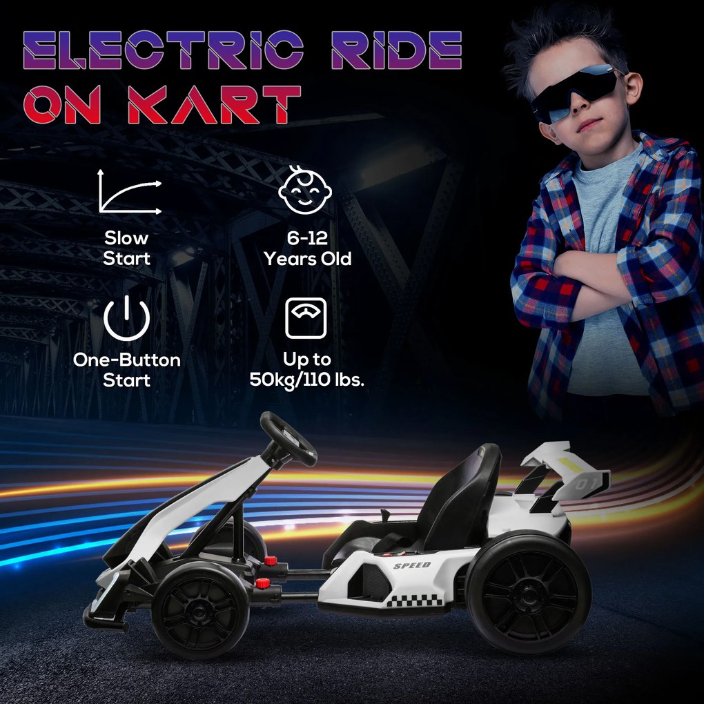 Kart electric pentru copii cu vârsta între 6-12 ani 24V 12km/h cu scaun reglabil, Drift Go-kart cu claxon, lumini, alb HOMCOM | Aosom Romania