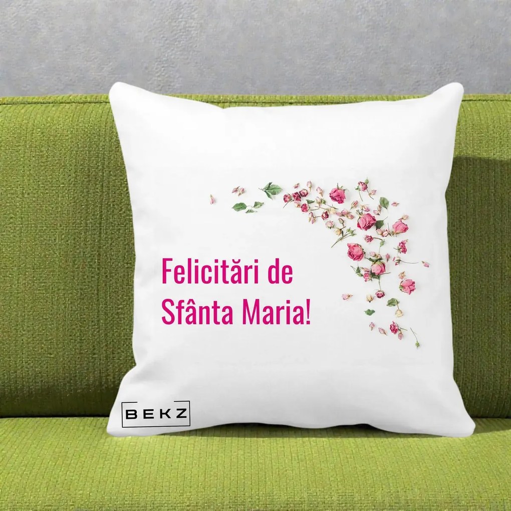 Cadou de Onomastica - Perna Personalizata Felicitari de Sfanta Maria, 40x40 cm, Alba Mata, Husa Detasabila, Perna Inclusa, BEKZ®