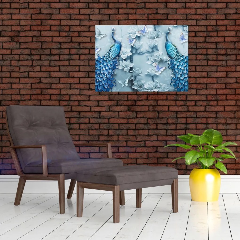 Tablou pe sticlă cu păuni (70x50 cm)