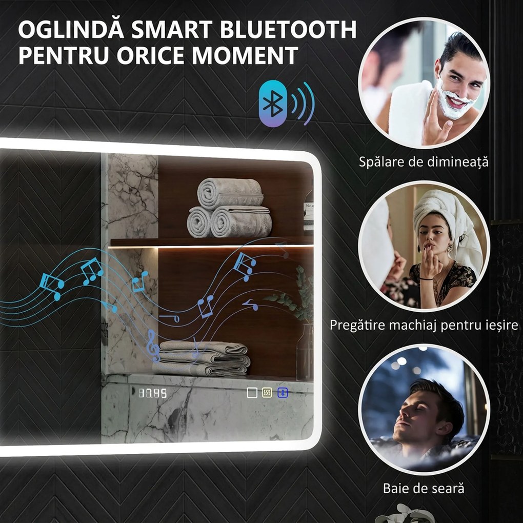 HOMCOM Oglindă LED pentru Baie cu Bluetooth, Iluminare Reglabilă și Funcție de Memorare, din Sticlă Securizată, 80x60x3,5 cm | Aosom Romania