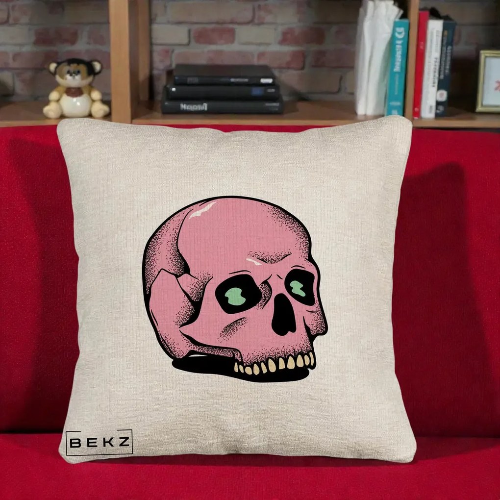 Perna Decorativa Craniu Roz Tatoo Art Halloween, 40x40 cm, Bej Canapea, Husa Detasabila, Perna Inclusa, BEKZ®