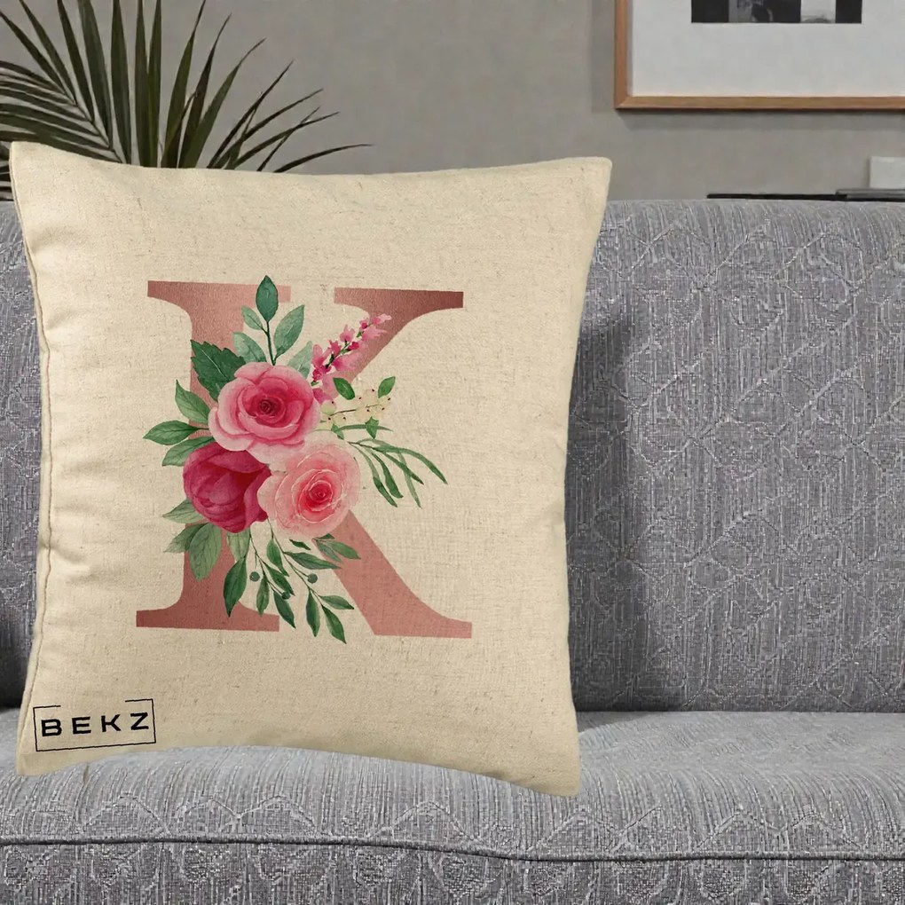 Cadou Personalizat - Perna Personalizata Monograma Rose Gold Litera K, 40x40 cm, Bej, Husa Detasabila, Perna Inclusa, BEKZ®