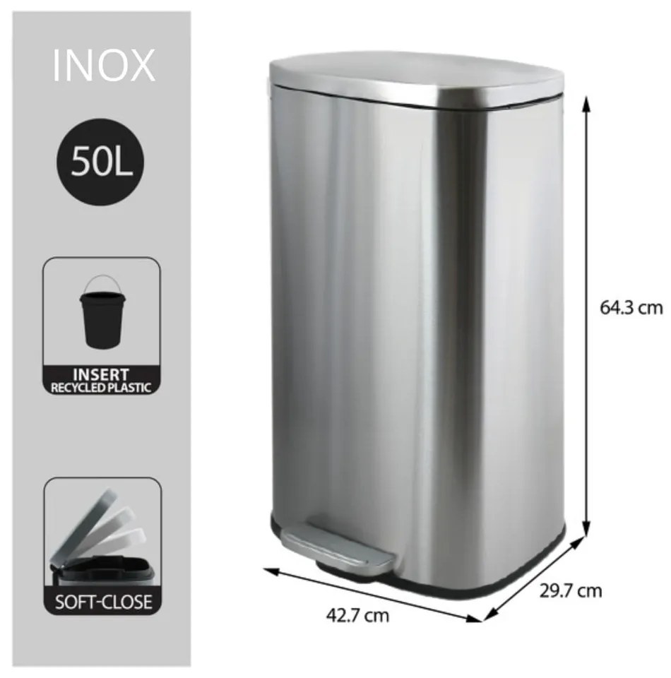 Coș de gunoi argintiu mat cu pedală din oțel 50 l Akira – Spirella