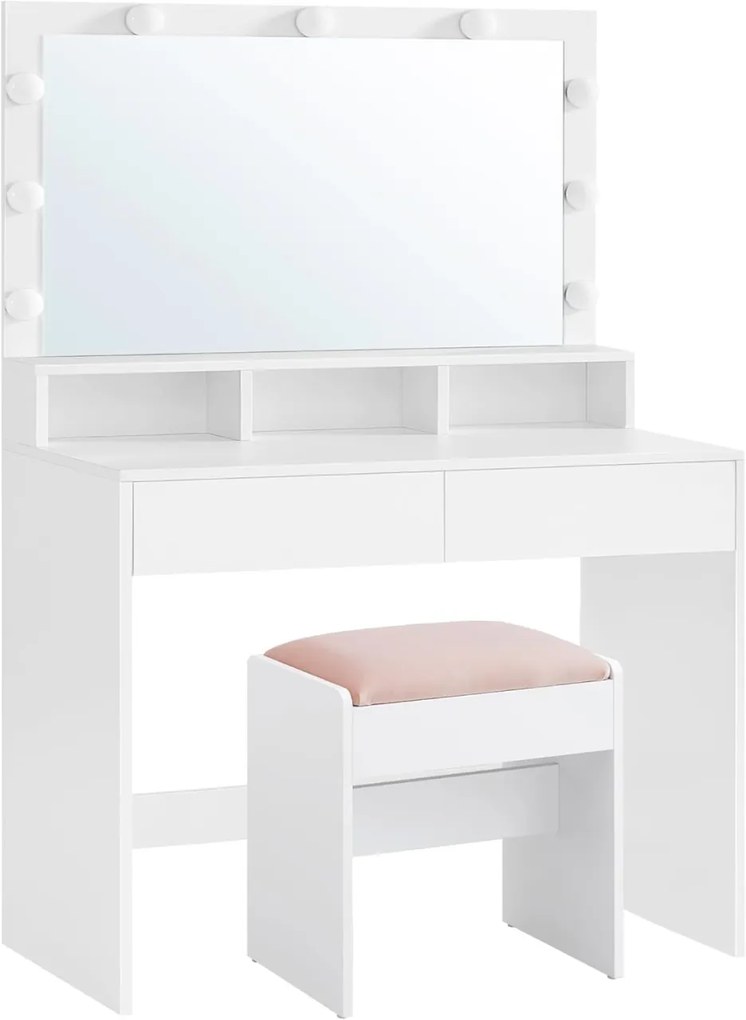 SEA385 - Set Masa toaleta, 80 cm, cosmetica machiaj, oglinda cu LED, masuta vanity - Alb