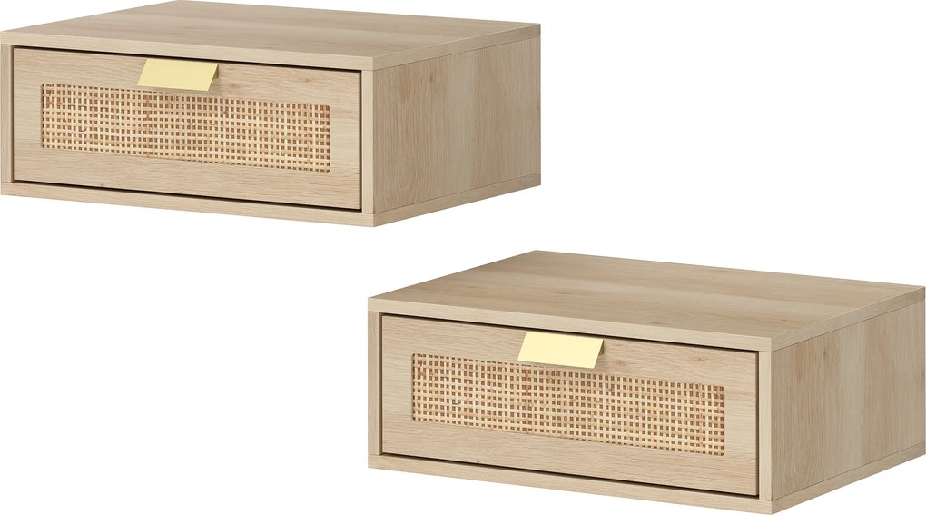 HOMCOM Set de 2 Noptiere Suspendate cu Sertar din Ratan Economisește Spațiu Design Modern 40x30x15 cm Natural | Aosom Romania
