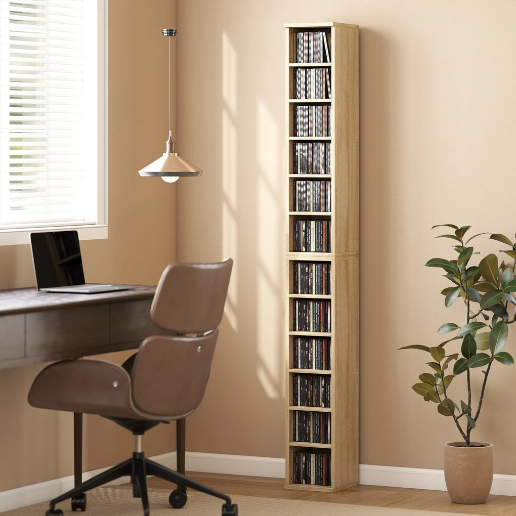 HOMCOM Set de 2 Etajere pentru CD-uri și DVD-uri cu 12 Compartimente Polițe Reglabile 21x22,5x88,5 cm Roble | Aosom Romania