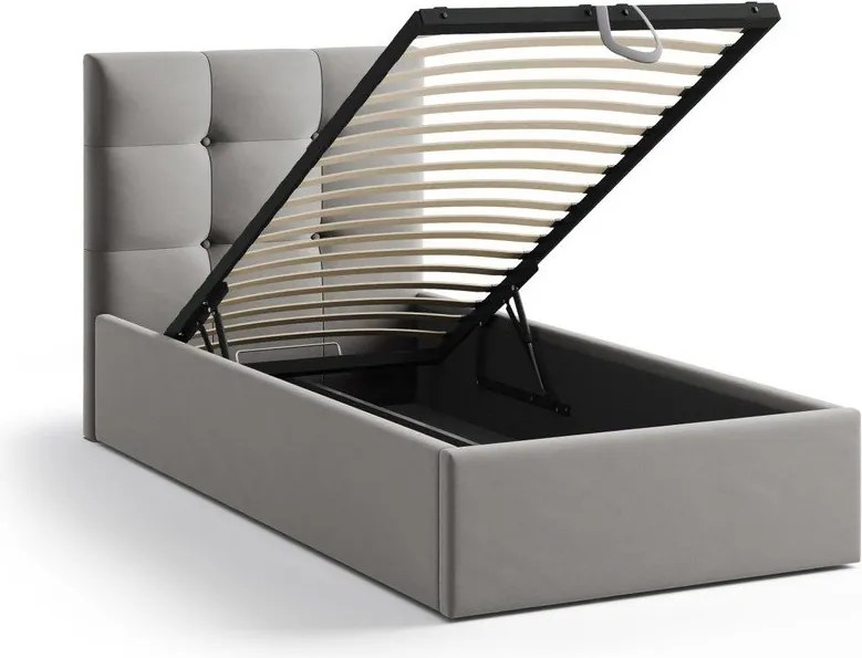 Pat gri tapițat cu spațiu de depozitare cu somieră 90x200 cm Phaedra – Micadoni