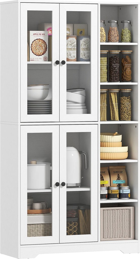 HOMCOM Dulap de bucătărie cu uși din sticlă, rafturi, polițe deschise, 172 cm înălțime, MDF, Alb | Aosom Romania
