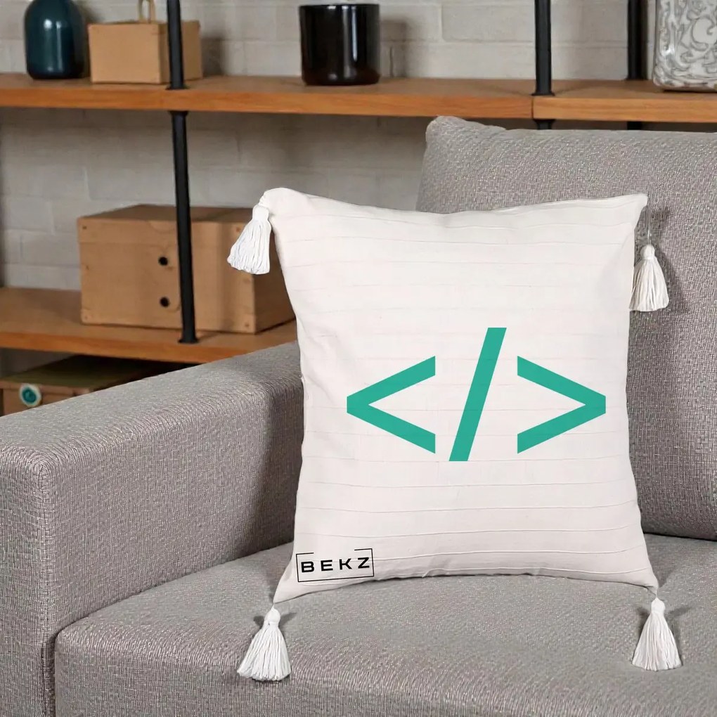 Perna Personalizata Cod HTML Turcoaz, 40x40 cm, Bej cu Franjuri, Husa Detasabila, Perna Inclusa, BEKZ®