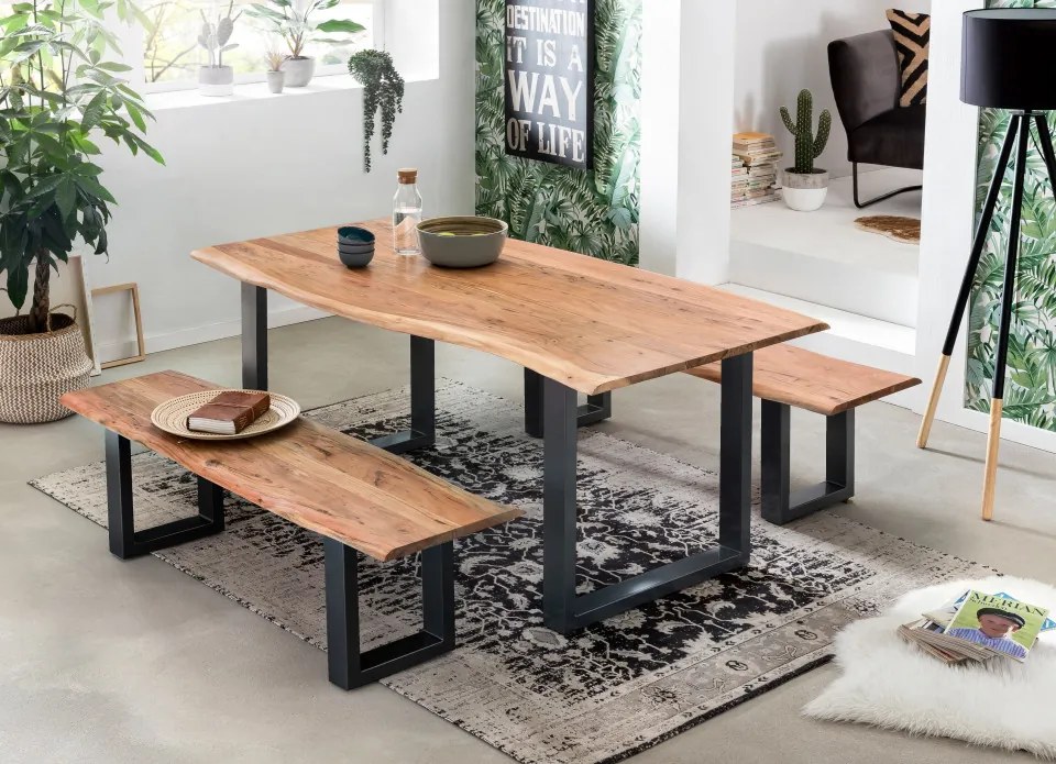 Masa dreptunghiulara cu blat din lemn de salcam Tables &amp; Benches 180 x 100 x 78 cm maro/negru