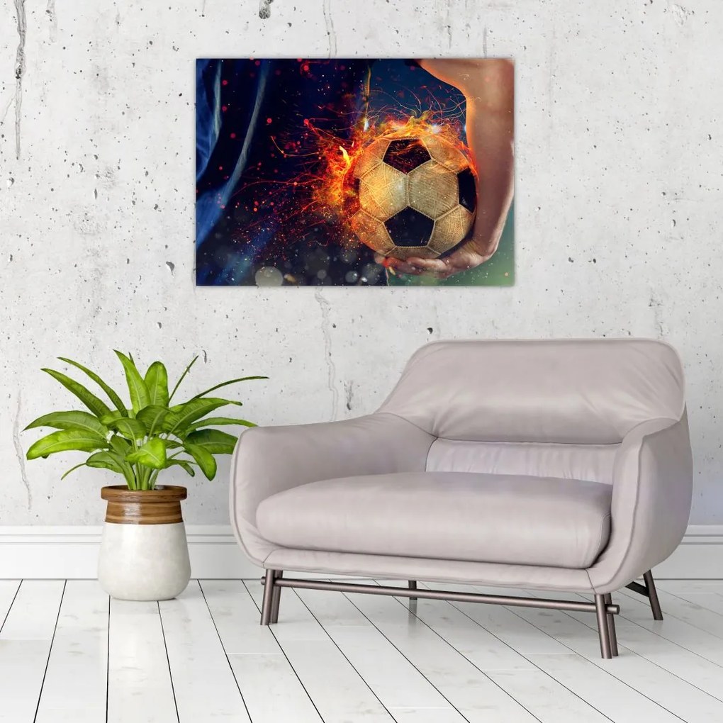 Tablou pe sticlă - Minge de fotbal în flăcări (70x50 cm)