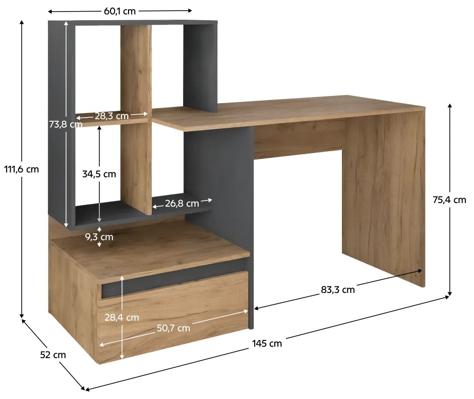 Birou modern cu rafturi , stejar artisan grafit, 145 cm lungime, cu sertar