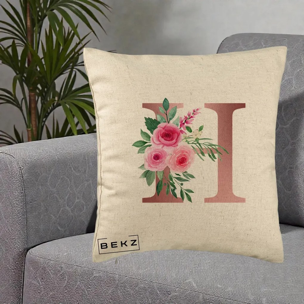 Cadou Personalizat - Perna Personalizata Monograma Rose Gold Litera H, 40x40 cm, Bej, Husa Detasabila, Perna Inclusa, BEKZ®