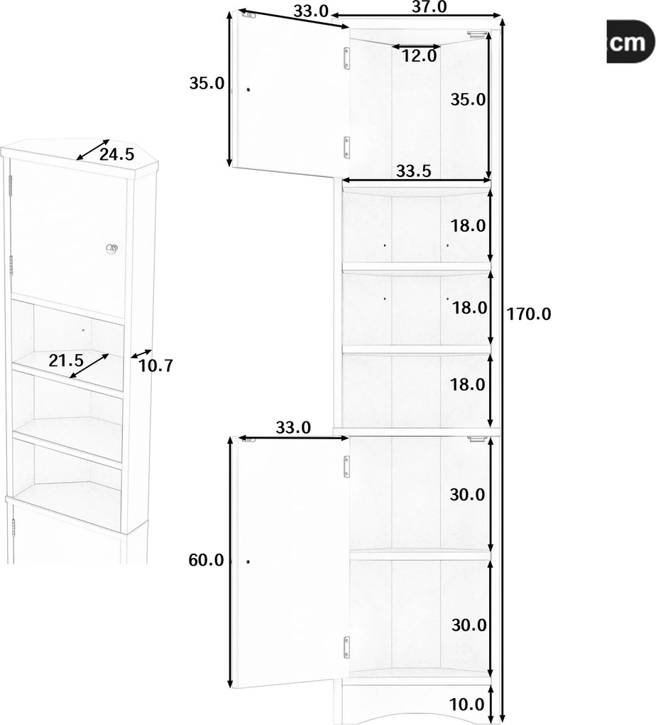 Dulap de baie triunghiular, cu rafturi reglabile și uși duble, 37x24,5x170 cm, Gri