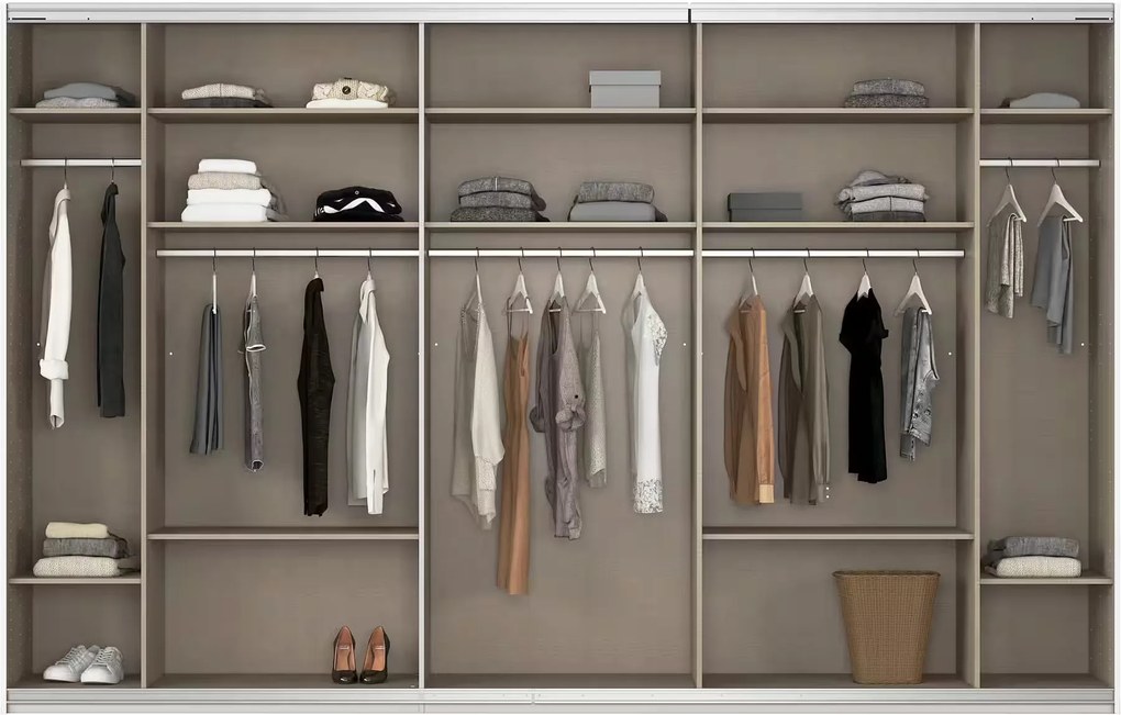 Dressing 360 cm lățime, 3 uși glisante, oglindă pe mijloc, culoare albă, material PAL, compartimentare premium, înălțime 229 cm