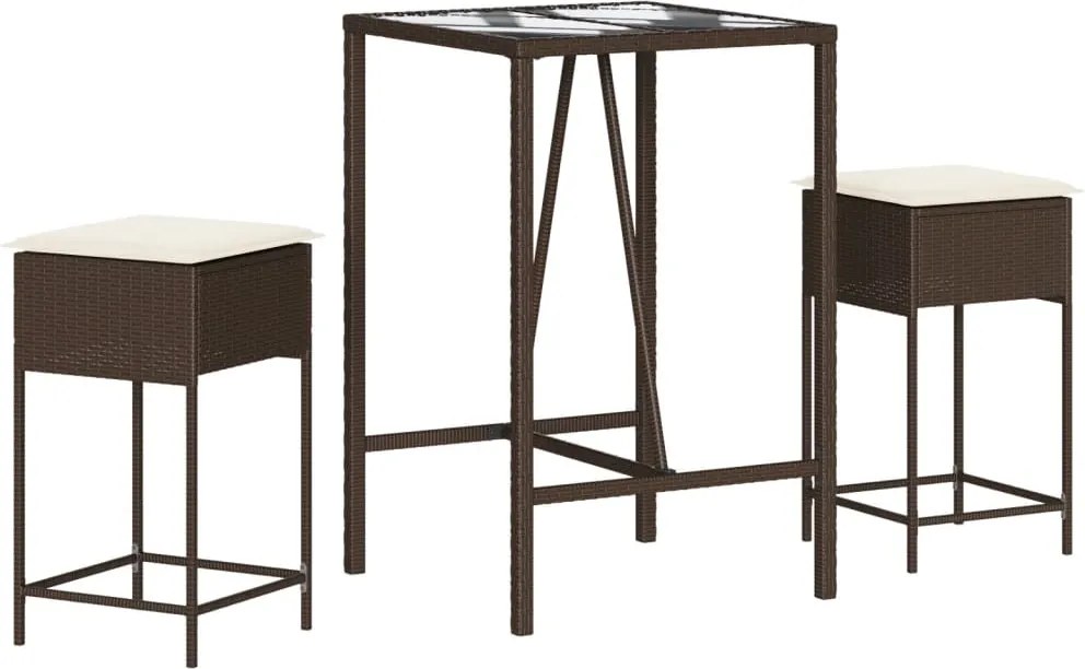 vidaXL Set bar de grădină, 3 piese, cu perne, maro, poliratan