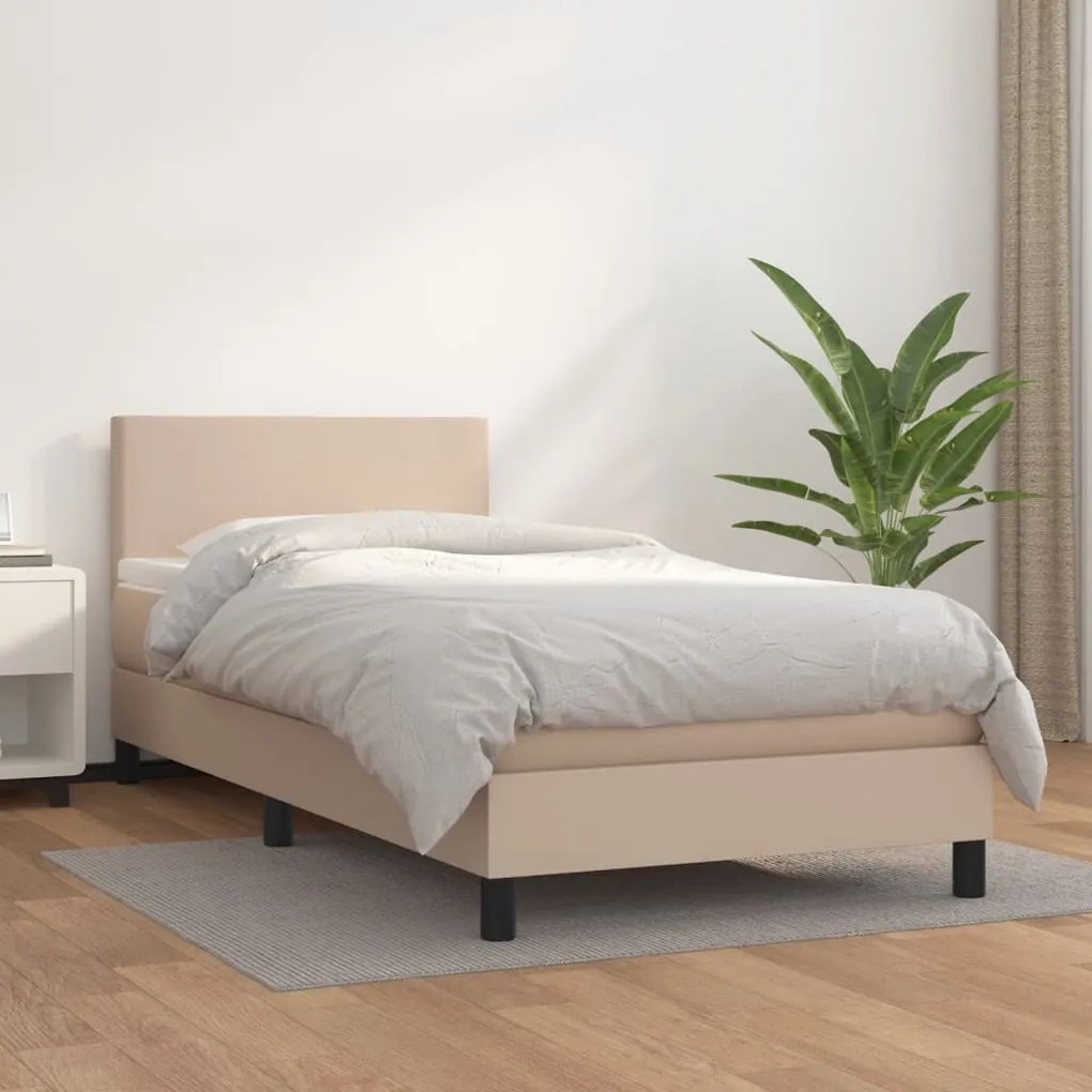 vidaXL Pat box spring cu saltea, cappuccino, 100x200cm piele ecologică