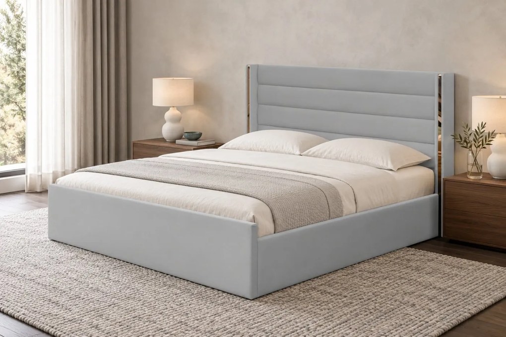 Pat tapițat din catifea Veyra 120×200 cm, gri deschis, detalii argintii, cu ladă de depozitare