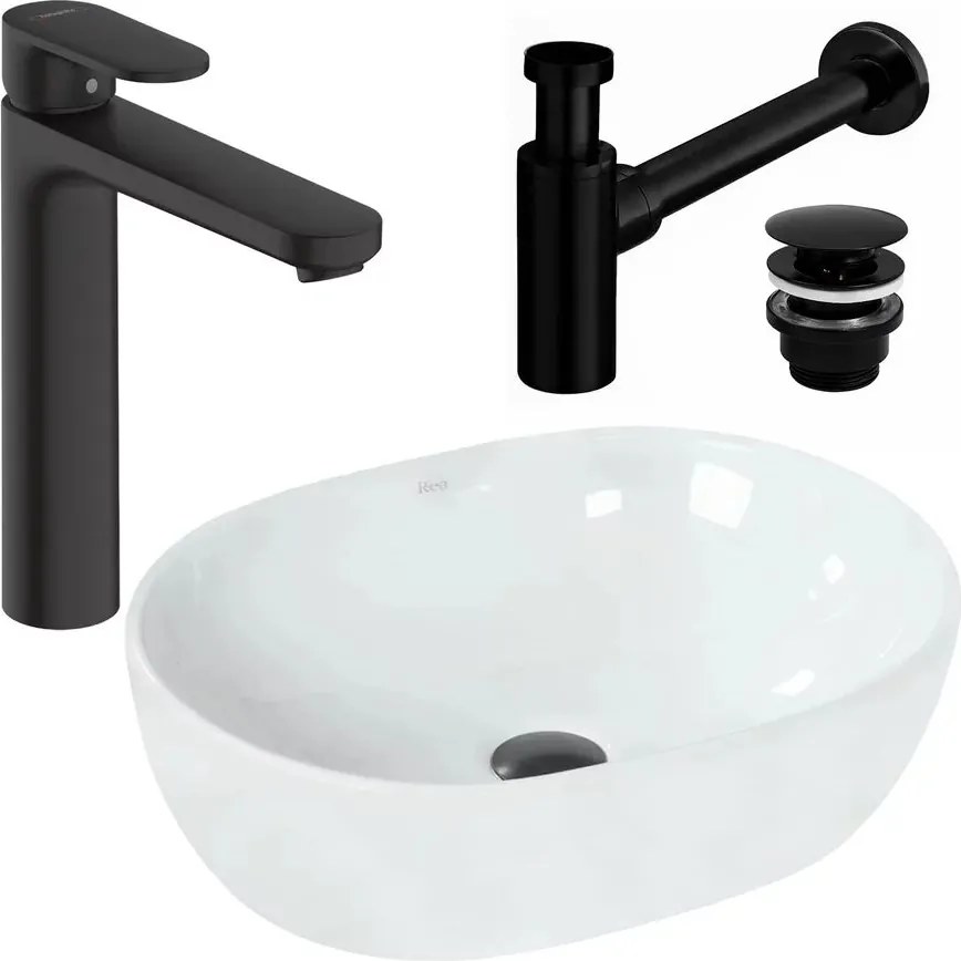 Pachet lavoar pe blat Rea Amelia alb 48 cm, baterie lavoar Hansgrohe Vernis Blend negru si ventil lavoar Click-Clack negru