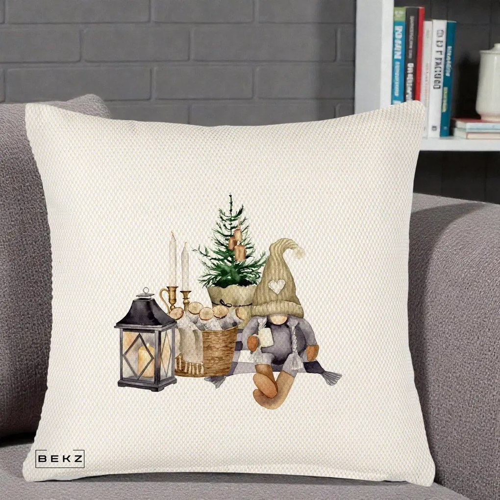 Perna Decorativa Gnom Scandinav cu Felinar, 40x40 cm, Crem Reliefat, Husa Detasabila, Perna Inclusa, BEKZ®