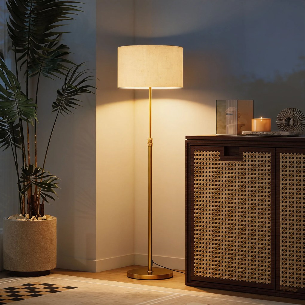 HOMCOM Lampă de Podea cu Telecomandă și Luminozitate Reglabilă 3000K-6000K, Abajur din Material Textil, Auriu | Aosom Romania