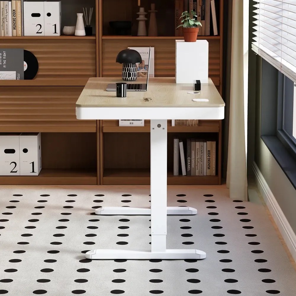 RESIGILAT- Birou Electric Reglabil pe Înălțime cu Sertar Ascuns, Încărcare Wireless & USB, Senzor de siguranță, 140x60, Stejar deschis/Alb