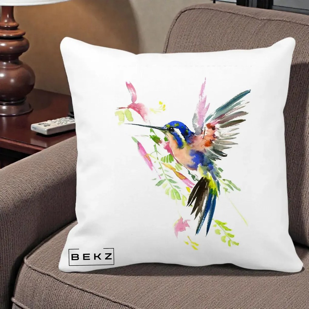 Perna Decorativa Colibri Acuarela, 40x40 cm, Alba Mata, Husa Detasabila, Perna Inclusa, BEKZ®