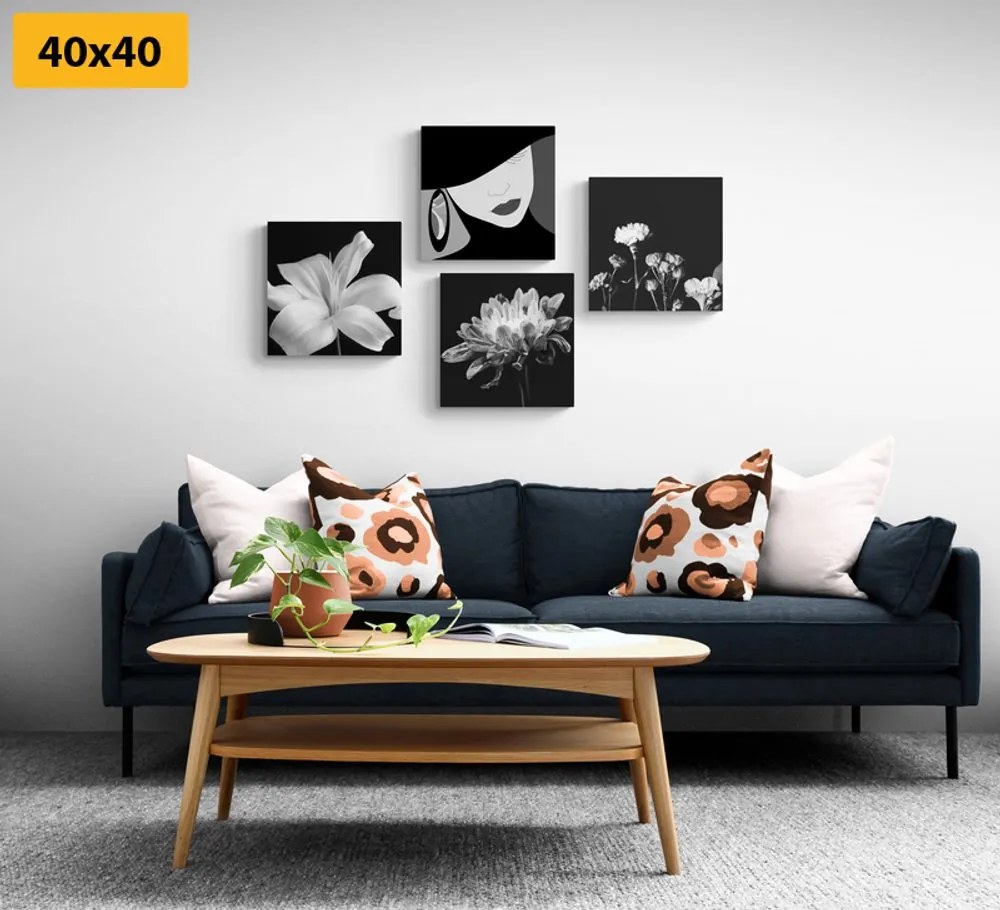 Set tablouri eleganța femeii și a florilor în design alb-negru
