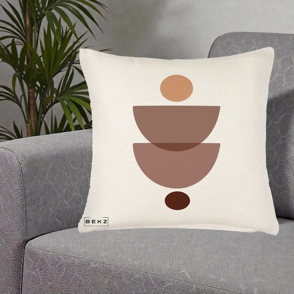 Perna Decorativa Geometric Boho Semicercuri Brun, 40x40 cm, Crem Reliefat, Husa Detasabila, Perna Inclusa, BEKZ®