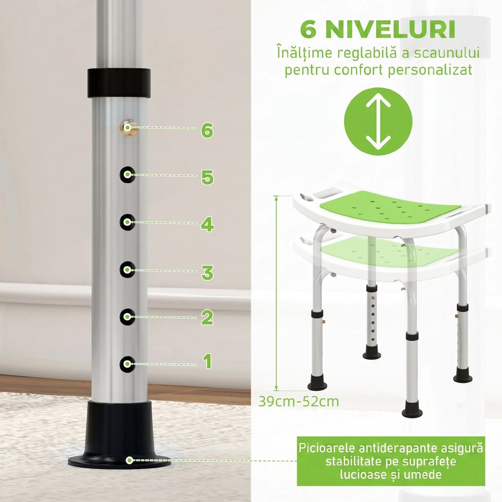 HOMCOM Taburet pentru Duș din Aluminiu și Plastic Antiderapant, Reglabil 6 Niveluri 39-52cm, Verde | Aosom Romania