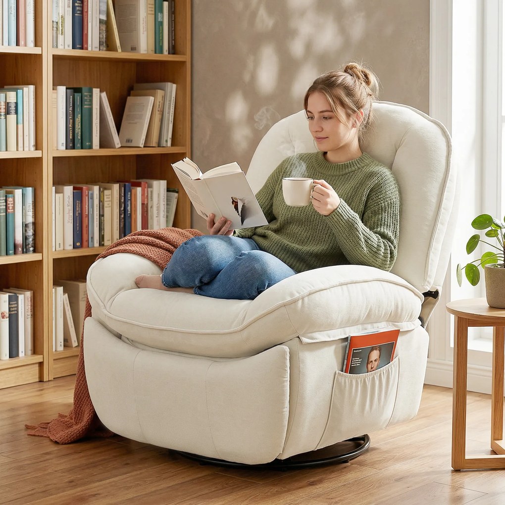 HOMCOM Fotoliu recliner, fotoliu rotativ cu funcție de balans și șezlong, șezut adânc, pernuță spate groasă, montaj ușor, crem | Aosom Romania