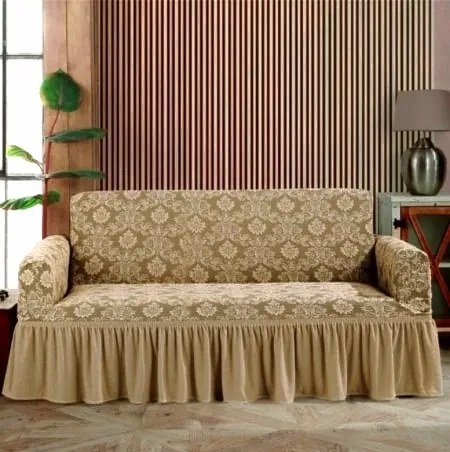 Husa elastica pentru canapea 3 locuri, cu volanas, model Jacquard, Bej