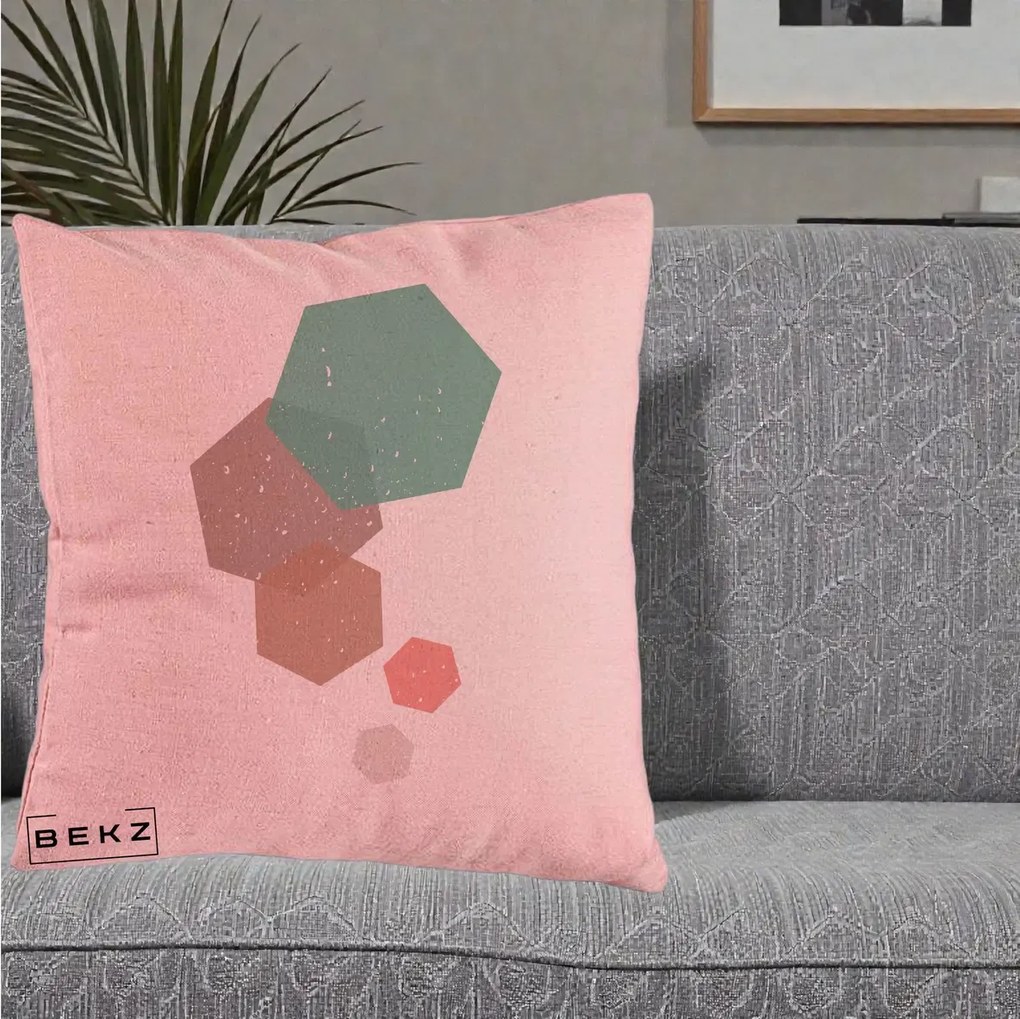 Perna Decorativa Geometric Hexagoane Pastel, 40x40 cm, Roz, Husa Detasabila, Perna Inclusa, BEKZ®