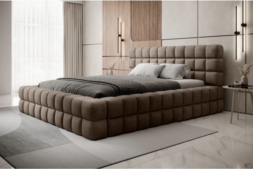 Pat matrimonial maro deschis tapițat cu spațiu de depozitare cu somieră 180x200 cm Dizzle – ELTAP