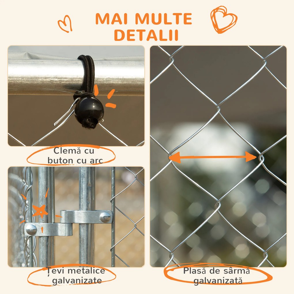 PawHut Țarc pentru Câini Talie Medie, Metal Galvanizat, Acoperiș Oxford, Ușă cu Zăvor, 400x230x232 cm, Argintiu | Aosom Romania