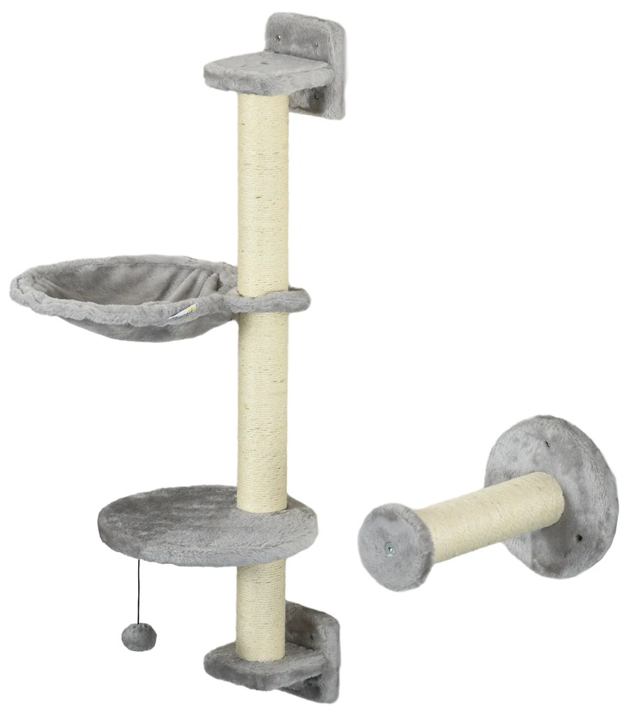PawHut Copac de pisici complet pe perete cu 4 piese hamac, panglică, platformă de sărit, stâlp din sisal și scară pluș gri | Aosom Romania