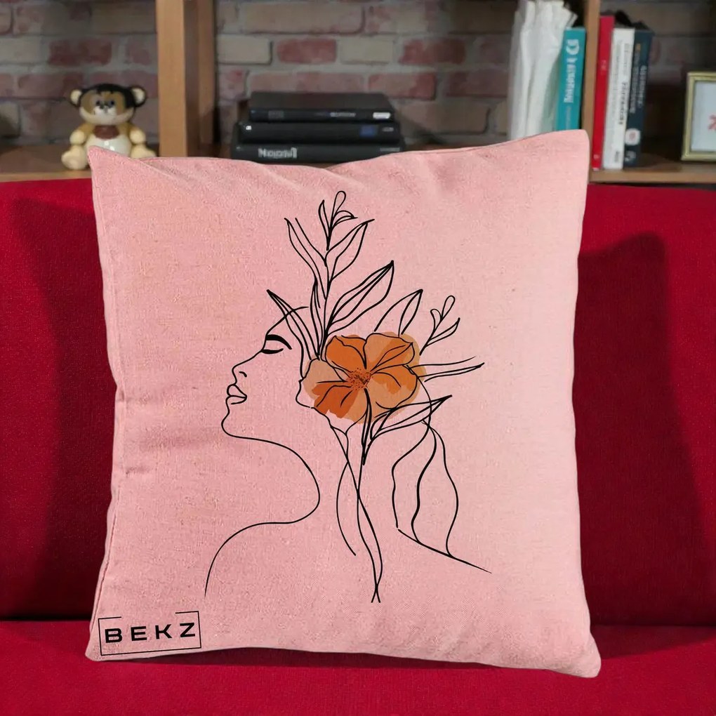 Perna Decorativa Portret Feminin Floare Portocalie Lateral, 40x40 cm, Roz, Husa Detasabila, Perna Inclusa, BEKZ®