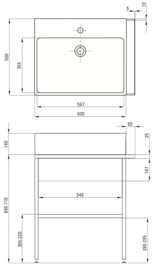 Lavoar baie pe blat si consola sustinere cu sertar, 600x500x140 mm, Deante, Temisto 600x500x140 mm